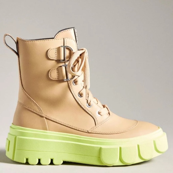 Anthropologie Sorel Caribou Boot Lace Up Beige Tan Leather Lime Rubber - Picture 8 of 11